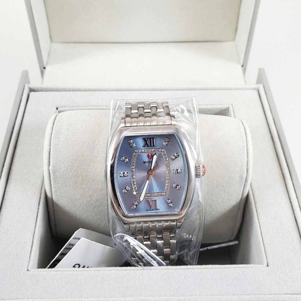 Michele Silver-Tone Watch with Blue Dial and Crystal Accents